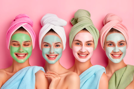 Top view of group of young women with facial masks and towels on heads smiling at camera isolated over pink backgroundの素材