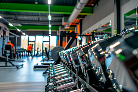 Dumbbells in the gym with blurred people in the backgroundの素材