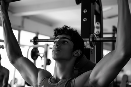 Young man exercising in the gym, black and white image with selective focusの素材
