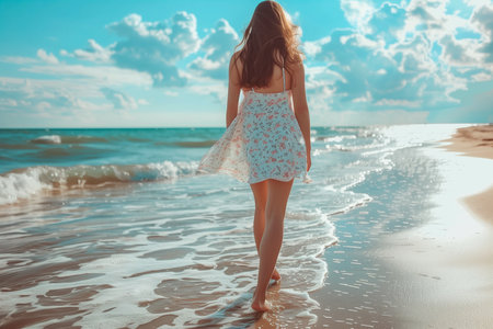 Beautiful young woman standing on the beach and looking at the seaの素材