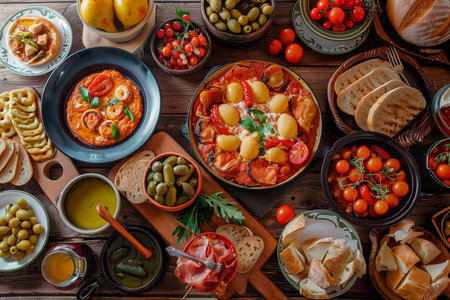 Spanish tapas with vegetables, olives and cheese on a wooden backgroundの素材
