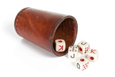 Old Beaker With Dices Isolated on Whiteの写真素材