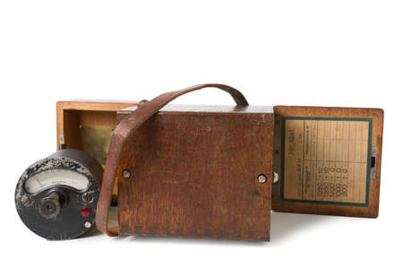 Old Pyrometer in Wooden Box Isolated on Whiteの写真素材