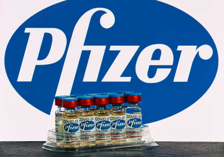 MALLORCA / SPAIN- November 21 2020: Pfizer Biontech research Coronavirus (Covid 19) vaccine. Row of...