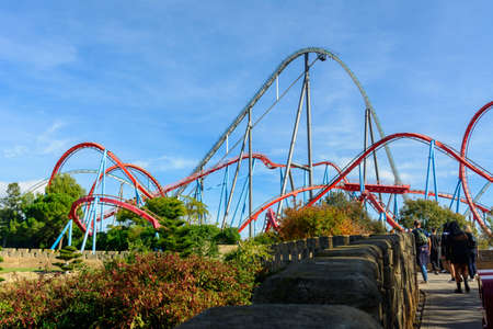 view roller coaster shambala and red dragon in portaventura, park, of attractions in tarragona, catalonia, spainの写真素材