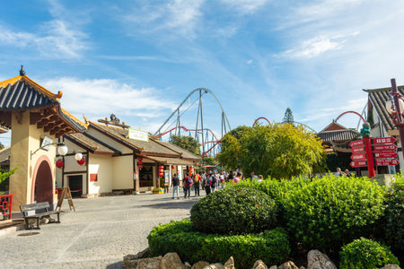 Dragon Khan and Shambhala attractions in PortAventura, is a theme park and a resort in the south of Barcelona, in Salou, Tarragona. It attracts around 4 million visitors per year making it the most visited theme park in Spain and 5th in Europe,のeditorial素材