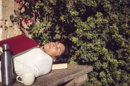 latin woman sleeping in the sun with a bookの写真素材