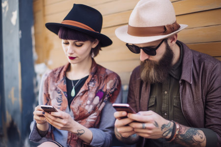 Fashionable young hipster couple sitting with smart phone, on social media, AI Generativeの素材