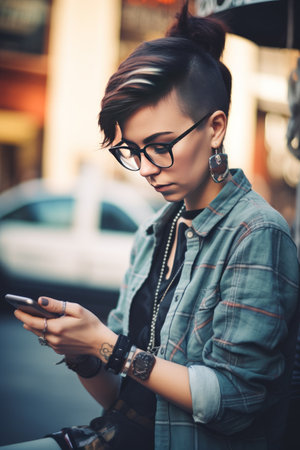 hipster girl with glasses vintage clothes, using smartphone in the city, Ai Generativeの素材