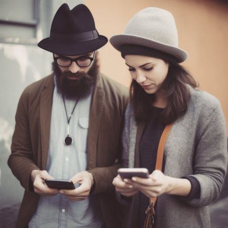 Young hipster couple sitting on a bench interacting with social networks with their smartphone.Ai Generativeの素材