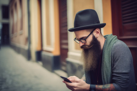 hipster with long beard glasses and hat using his smartphone in the city, Ai generativeの素材