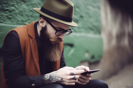 hipster with long beard glasses and hat using his smartphone in the city, Ai generativeの素材