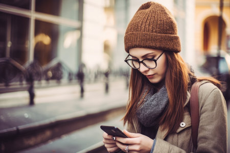 Portrait of young smiling girl in light coat and scarf , walking through city streets and using smartphone to interact with friends. Good vibes. Concept of modern technologies Ai Generativeの素材
