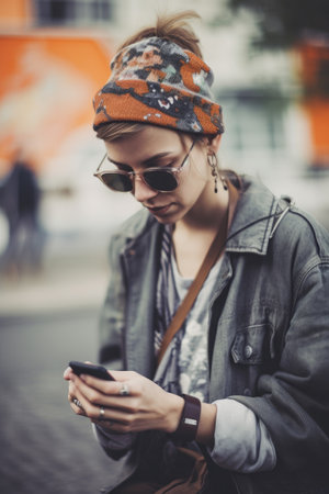 hipster girl with glasses vintage clothes, using smartphone in the city, Ai Generativeの素材