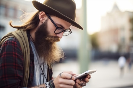 Handsome, old-fashioned hipster in shirt, chatting with smartphone in the city. AI Generativeの素材
