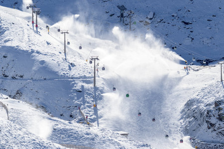 ski resort artificial snow slopes using snow cannons,の写真素材