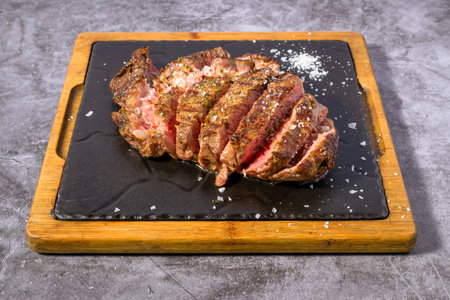 Closeup grilled Argentine beef chorizo bife top view.の写真素材