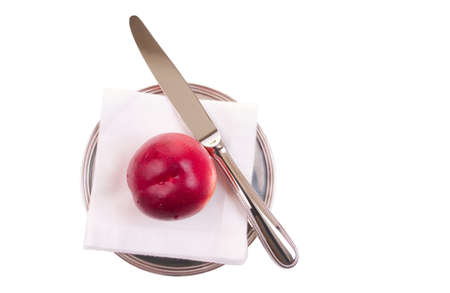 Delicious peach on a silver plateの写真素材