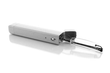 Modern fashionable glasses in a case, isolated on white