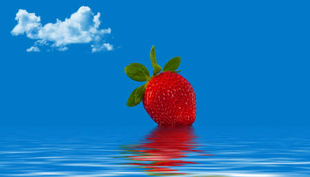Delicious ripe strawberry sitting on waterの写真素材