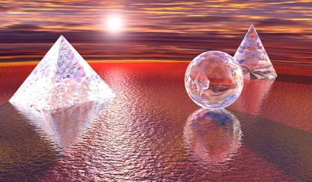 Mystery - Pyramid, Sphere and cone on a seascape on sunsetの写真素材