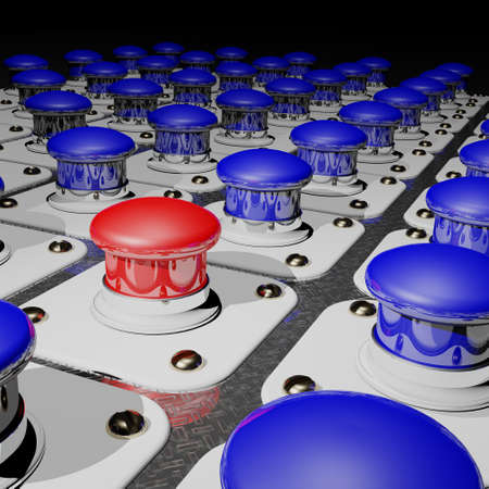 A Red pushbutton among many blue ones