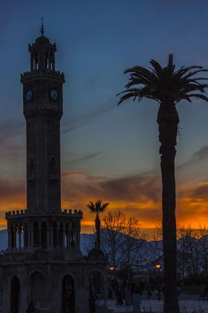 Red sunset at the clock tower of Izmir (Turkey)の写真素材
