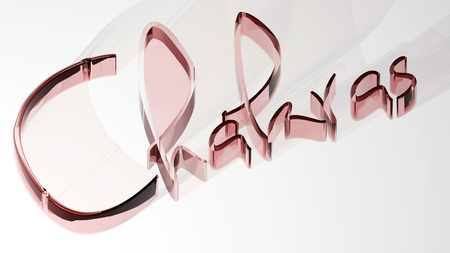 "Chakras" written with reddish semi-transparent 3D letters on white backgroundの写真素材