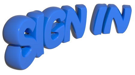 "SIGN IN" written with blue 3D letters on white background - 3D renderの写真素材
