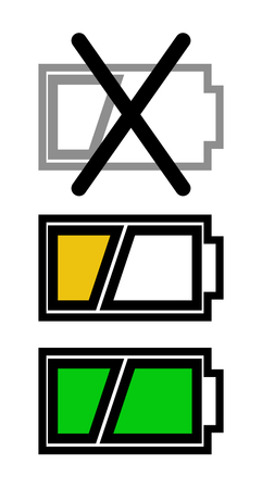 A set of three icons to show the charge level of the battery: the battery is empty and an X is over it; The second one for half half level with yellow colored part; The third for full charge battery with two parts both of them greenの写真素材