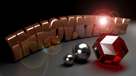 The writing "INNOVATION" is written with 3D metallic copper letters on an irony surface. On the scene there are two chromed spheres and a red crystalの写真素材
