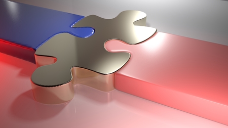 Golden puzzle joins blue and pink puzzle pieces - 3D renderingの写真素材