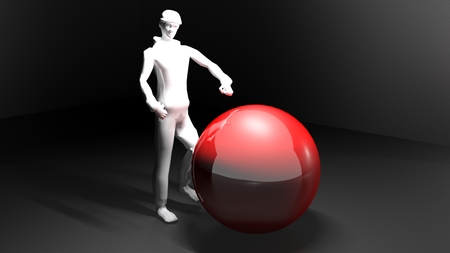 A completely white man is following a big red glossy sphere in the nightの写真素材