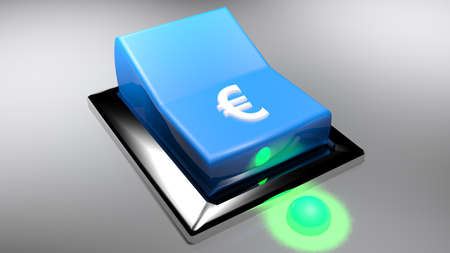 The blue switch with dollar sign is in ON position, with a blue LED lit up - 3D rendering