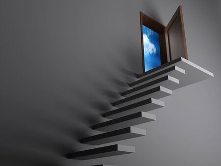 White stairs on a white wall go up to a door open to a blue sky. 3D renderingの写真素材