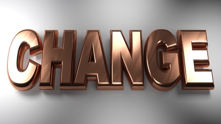 The writing "CHANGE" is written with copper 3D letters, on a white surface - 3D renderingの写真素材
