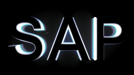 A blue backlight comes in the "SAP" script written with white 3D letters, on a black surface - 3D renderingの写真素材