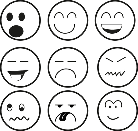 A series of 9 emoticons in simple black and white lines.のイラスト素材