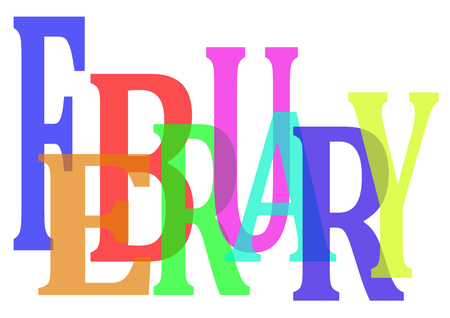 The writing "February" is written with a colorful semi-transparent letter, on white backgroundのイラスト素材