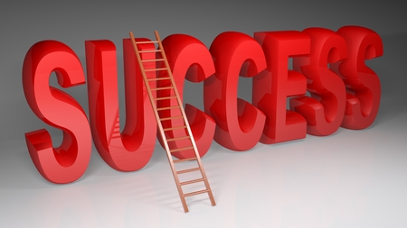 A wooden ladder is at the word SUCCESS written with red glossy 3D letters standing on a white surface - 3D renderingの写真素材