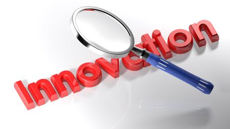 The magnifier is passing over the writing Innovation, written with red 3D letters rendering on a white surface - 3D renderingの写真素材