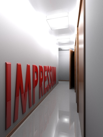A corridor has white walls, ceiling and white glossy pavement. One side is three doors, one of which is slightly open; at the other side there is a red write IMPRESSUM. 3D rendered illustrationの写真素材