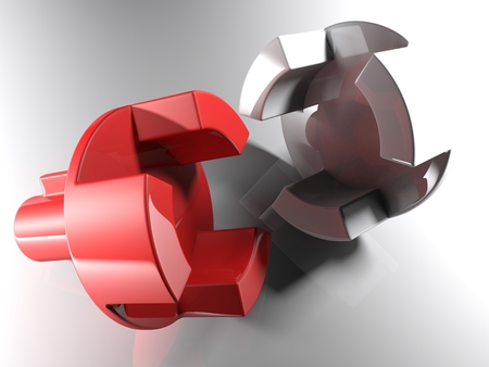 A project for a mechanical axial joint. Both parts of the joint are made of glossy plastic; one is red and the other is white. 3D rendered illustrationの写真素材