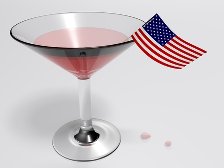 The glass for drinking an aperitif, with red liquid and an american flag - 3D rendered illustrationの写真素材