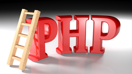 A wooden ladder is written on a white background - 3D render illustrationの写真素材