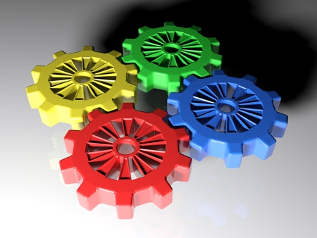 Four mating gears are on a white surface. Perspective view - 3d render illustrationの写真素材