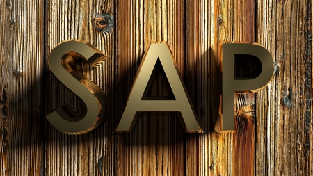 SAP brass write on raw wooden background - 3D renderingの写真素材