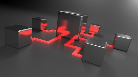Network concept with metallic items connected on black background - 3D rendering illustrationの写真素材