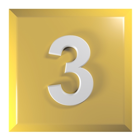 Number 3 square yellow - orange push button - 3D rendering illustration