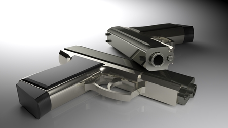 Two guns laying on a white glossy table - 3D rendering illustration